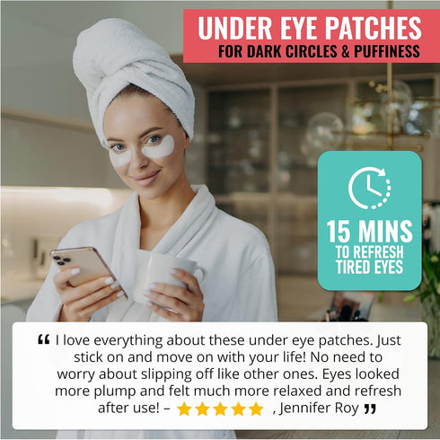 Under Eye Patches for Dark Circles, Puffiness with 24K Gold, Anti-Wrinkle Eye Gel Pads, 30pcs