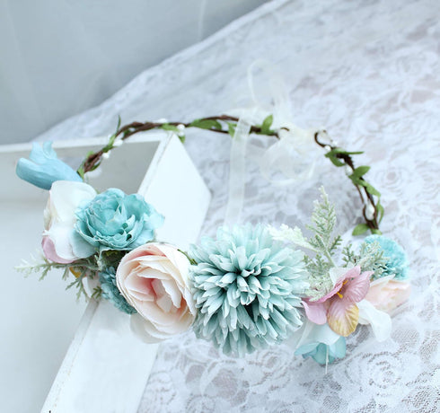 Vivivalue Boho Flower Headband Women Floral Crown Hair Wreath with Ribbon for Wedding Party Festival Photos Blue
