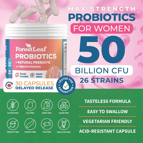 ForestLeaf Womens Probiotic 50 Billion CFU with Organic Prebiotics, Digestive Enzymes, Cranberry, D-Mannose - Prebiotics Probiotics for Women Digestive Health & Vaginal Probiotics Support (30 Caps)