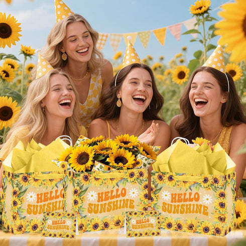 Wauprant Large Sunflower Gift Bag for Girls Women Yellow Floral Hello Sunshine Gift Bag with Wrapping Paper