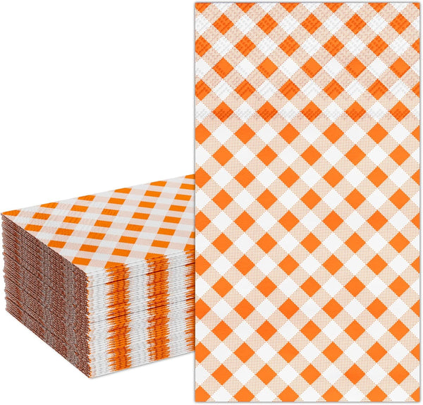 DYLIVeS Orange Gingham Napkins, 50 Pcs Disposable Paper Hand Towels for Luncheon, Dinner, Picnic, Birthday, 3-Ply