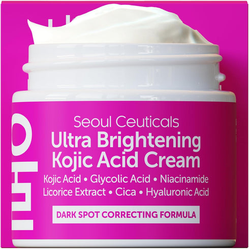 SeoulCeuticals Korean Kojic Acid Cream 2oz - Dark Spot Remover with Glycolic Acid, Niacinamide, Cica, HA - Cruelty Free