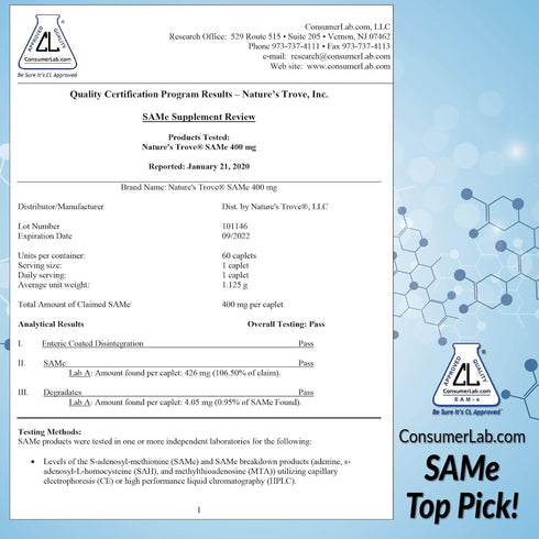 Nature's Trove SAM-e 400mg, 30 Enteric Coated Caplets, Vegan, Kosher, Non-GMO, Mood and Joint Support