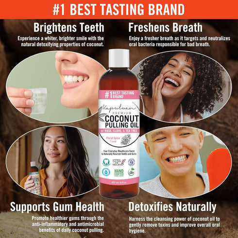 Coconut Pulling Oil for Teeth and Gums Mouthwash, 100% Pure and Natural, Non-GMO, Refreshing Rose Clove