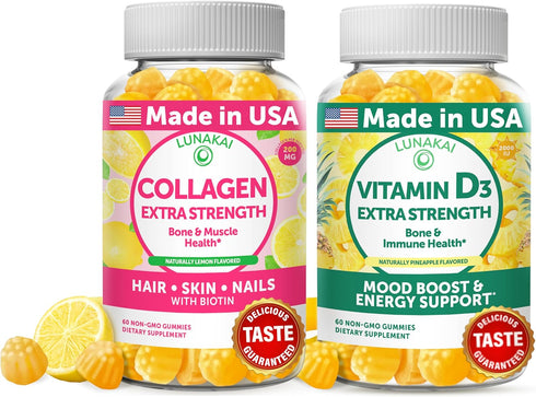 Lunakai Collagen and Vitamin D3 Gummies Bundle, Non-GMO Anti Aging Supplements for Adults, 30 Days Supply