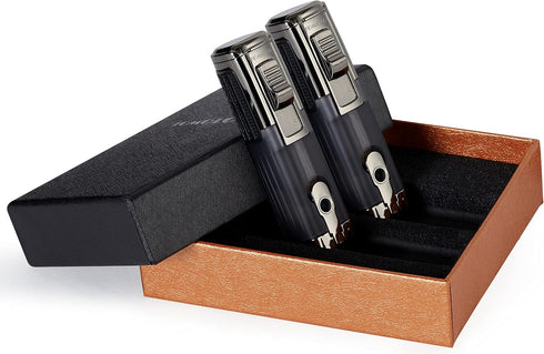 Cigar Lighter Triple Jet Flame Torch, Refillable Butane Lighter with Cigar Punch, 2 Pack, Charcoal