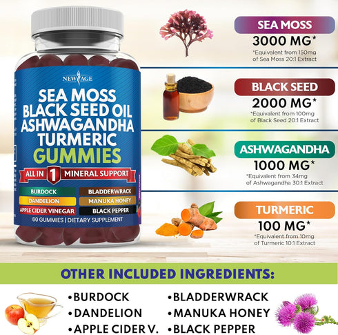 Sea Moss Gummies, Sea Moss 3000mg, Black Seed 2000mg, Ashwagandha 1000mg, Turmeric, Manuka Honey, ACV, Dandelion, Black