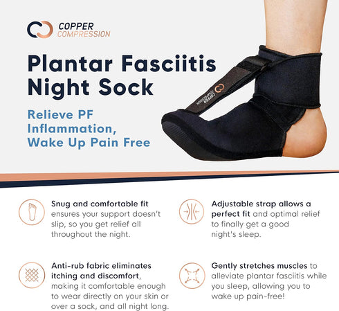 Copper Compression Plantar Fasciitis Night Sock, Soft Foot Stretching Boot for Pain Recovery