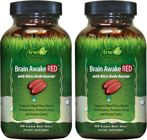 Irwin Naturals Brain Awake RED - 60 Liquid Soft-Gels, Pack of 2 - Nitric Oxide Booster for Brain Health & Performance