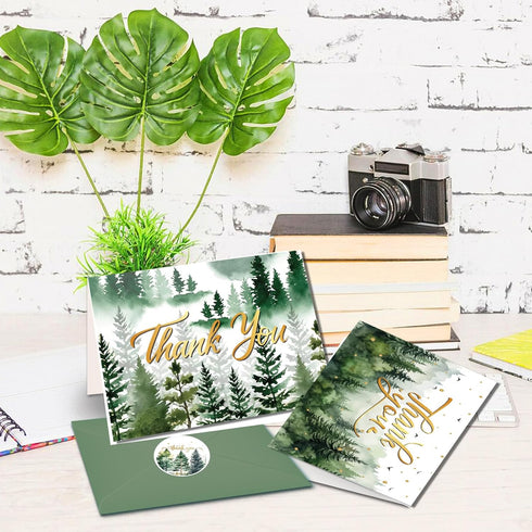 KTHONIOMANTE 24 Pack 6 7.9x5.9 Inches Green Forest Thank You Cards with Envelopes & Stickers - Watercolor Nature Blank