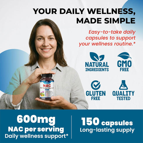 Immunity, 150 NAC Supplement N-Aetyl Cysteine Enriched with Milk Thistle, Quercetin - Support Respiratory Health