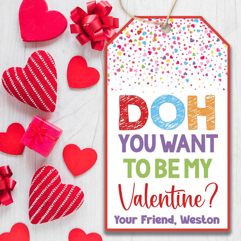 Set 20 GT489 of Personalized Doh You Want to Be My Valentine Kid's Treat Tags | Play Dough Valentinne Tags | Customized