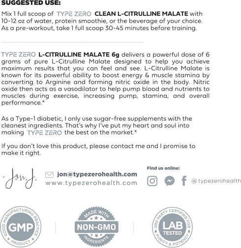 Type Zero L-Citrulline Malate Powder 2:1 (300g | 6000mg Per Serving | Unflavored): Ultra Clean Nitric Oxide Booster
