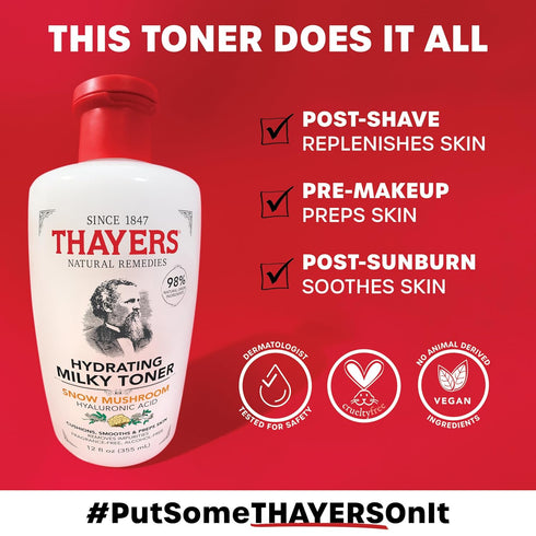 Thayers Milky Hydrating Face Toner, Snow Mushroom and Hyaluronic Acid, Gentle Alcohol-Free Skincare, 3 FL oz