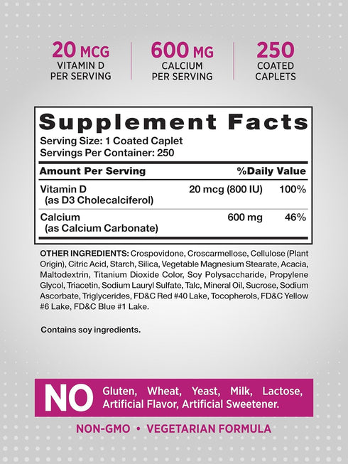 Nature's Truth Calcium 600mg with Vitamin D3 | 250 Tablets | Calcium Carbonate Supplement | Vegetarian, Non-GMO & Gluten Free