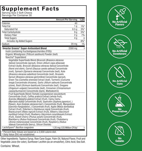 FORCE FACTOR Smarter Greens Superfood Chews, 3-Pack, 180 Chews with Probiotics, Antioxidants, Fiber for Digestion and