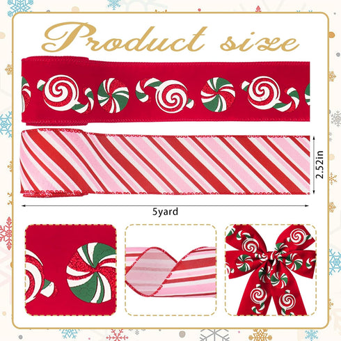 2 Rolls Christmas Ribbon for Wreath Bows Wrapping Gifts, Red Pink Candy Cane Ribbon for Gift Wrapping Party Supplies Decoration DIY Crafts 2.5" X 10 Yard Wired Winter Christmas Wreath Ribbon by Glodecart