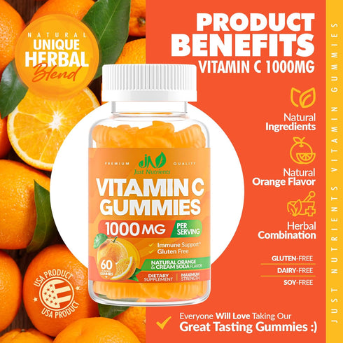 Vitamin C 1000mg Gummies for Adults & Kids - Immune & Collagen Support with Zinc, 60 Gummies