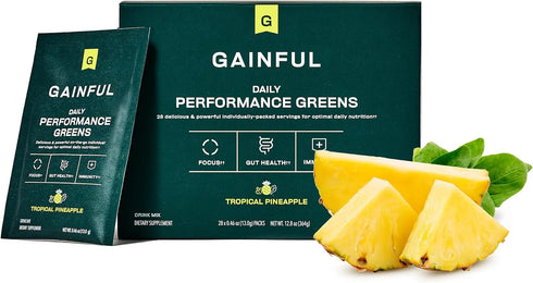 Gainful Daily Performance Greens Powder, Coconut Pineapple, 28 Packets for Gut Health, Energy, Focus, Immune Support