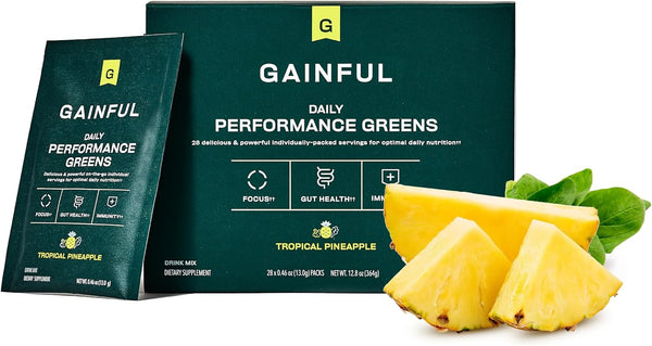 Gainful Daily Performance Greens Powder, Coconut Pineapple, 28 Packets for Gut Health, Energy, Focus, Immune Support