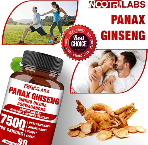 Korean Red Panax Ginseng 7500mg with Ginkgo Biloba & Ashwagandha - Energy, Memory & Immune Support Supplement - 90