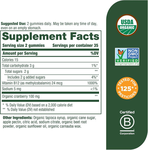 MegaFood Vitamin B12 Energy Gummies - Vegan - With Methyl B12 Vitamins to Support Cellular Energy Production - Cranberry - Daily Vitamin B12 Supplement - USDA Organic - 70 Gummies, 35 Servings
