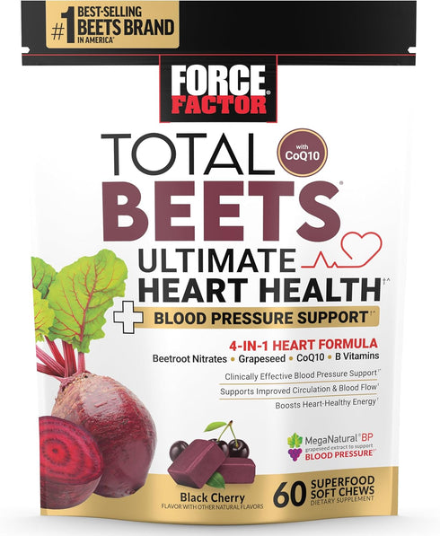 FORCE FACTOR Total Beets Ultimate Heart Health Blood Pressure Support Chews with CoQ10, Beet Root Powder, Grape Seed