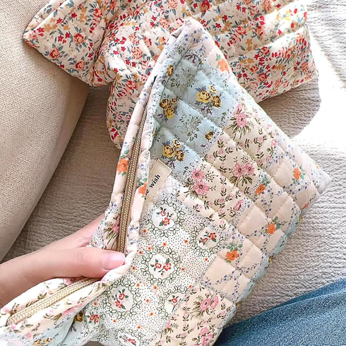 Floral Makeup Bag, Large Cotton Quilted Cosmetic Organizer, Aesthetic Portable Pouch for Women Girls Travel Accessories