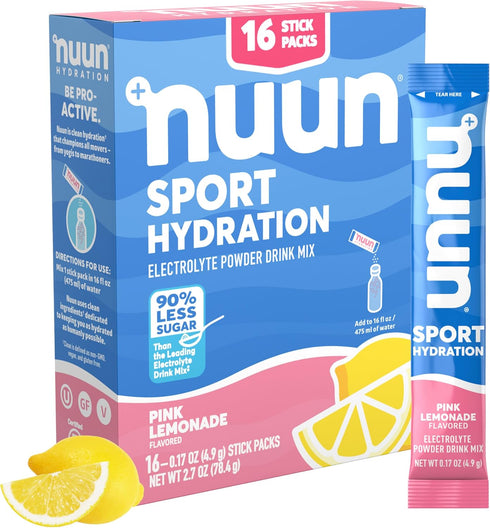 Nuun Sport Electrolyte Powder Packets, Pink Lemonade Flavor, 16 Single Serving Sticks, 5 Essential Electrolytes for