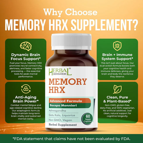 Herbal Destination 60 Memory Hrx - Brain Supplement Support Cognitive Function Improves Memory and Focus, Brain