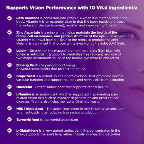 Eye Vitamins Supplement with Lutein, Bilberry, Beta Carotene, L-Taurine, Zinc, Quercetin, 90 Capsules