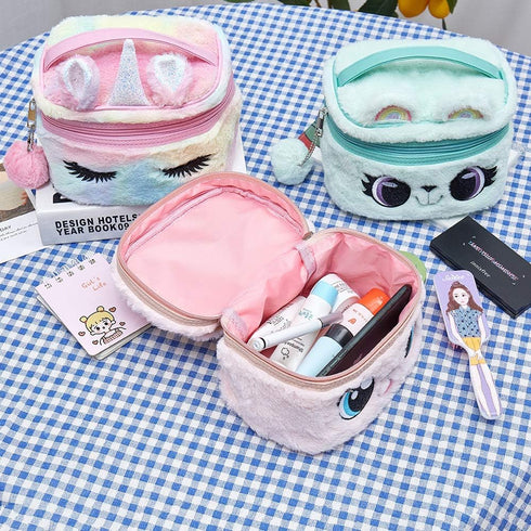 Women Girls Kids Fluffy Faux Fur Unicorn Makeup Bag, Small Cosmetic Organizer Plush Travel Storage Case