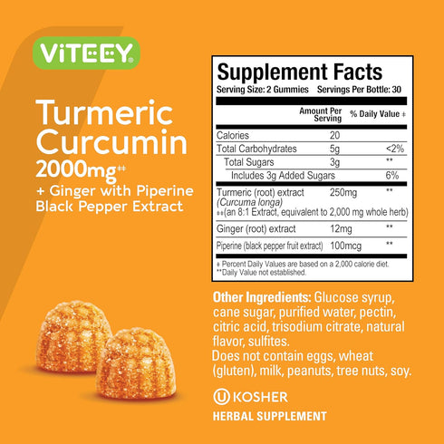 Turmeric Curcumin Gummies with Ginger & Black Pepper, 2000mg Herbal Supplement for Immune Support & Healthy Skin