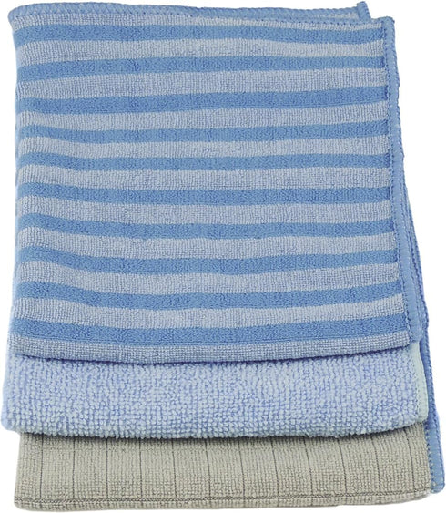 Unger Microfiber Variety-Pack All-Purpose Cloths, Blue/Blue Strip/Beige, 12" x 12" (3 Pack)