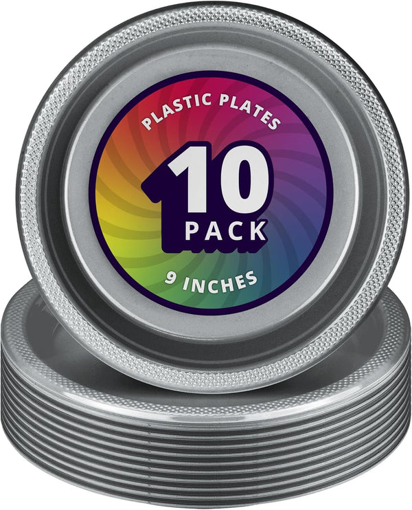 DecorRack 10 Large Plastic Dinner Plates, 9 inch Disposable Tableware for Kids Birthday Party, Silver