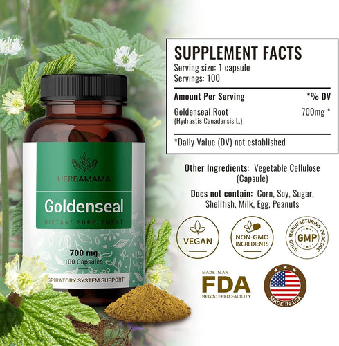 HERBAMAMA Goldenseal Root Capsule Supplement - Organic Goldenseal Herb Powder Pills - Respiratory & Digestive Health Support - 100 Capsules