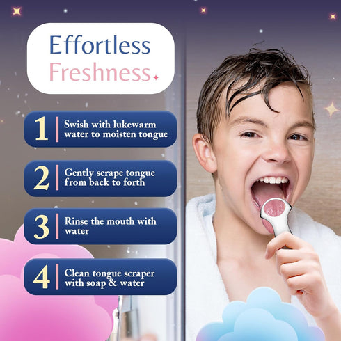 TONGUE SCRAPER FOR KIDS, Stainless Steel Cleaner, Dual Pack Convenience, Kid-Friendly Design, Blue