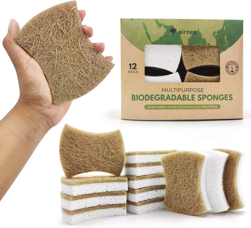 Biodegradable Natural Kitchen Sponge - Pack of 12 Compostable Cellulose and Coconut Walnut Scrubber Sponges