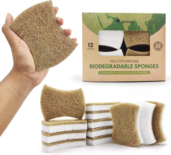 Biodegradable Natural Kitchen Sponge - Pack of 12 Compostable Cellulose and Coconut Walnut Scrubber Sponges