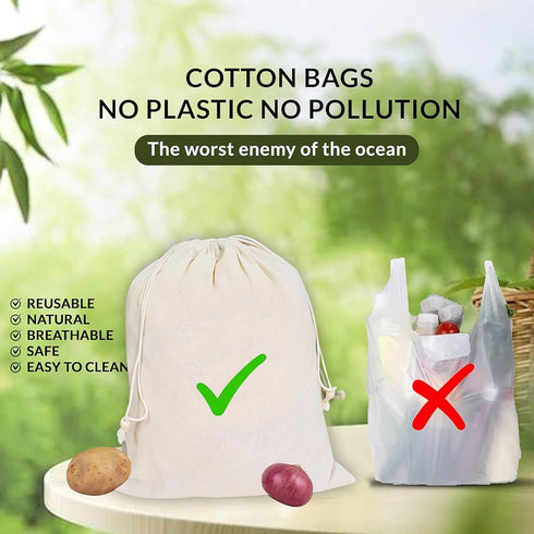 VillageCulture Pack 6 10 12 Inches Muslin Drawstring Bags of Pcs Unbleached Reusable bags Favor Pouches for Crafts