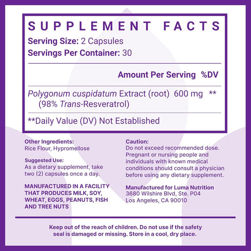 Luma Nutrition High Purity Resveratrol Capsules - 98% Trans-Resveratrol Antioxidant Supplement, USA, 60 Capsules
