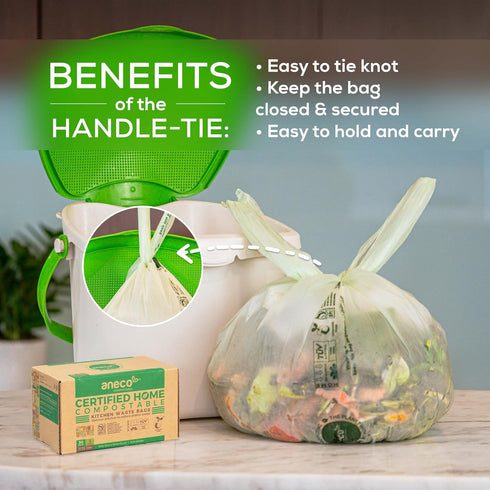 ANECO Compostable Food Waste Bags, 3 Gallon with Handles, 30 Count, BPI Certified
