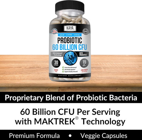 Kaya Naturals Probiotic 60 Billion CFU | 30 Vegetable Capsules for Women, Men, Gut Health & Immune Support