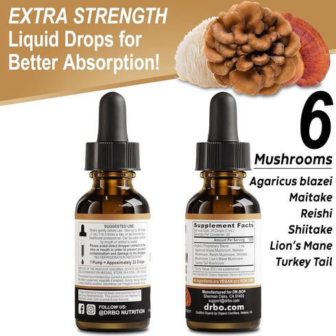 Organic Mushroom Complex Liquid Drops - Adaptogenic Mushroom Supplement with Lion's Mane, Reishi, Turkey Tail, 1oz