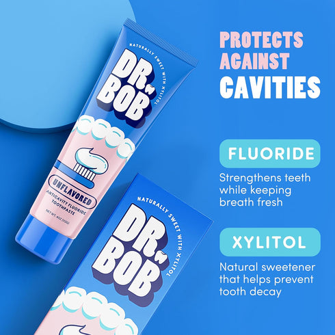 Dr. Bob Unflavored Anticavity Fluoride Toothpaste for Kids, Dentist-Recommended Gel with Xylitol, 4 oz., 1-Pack