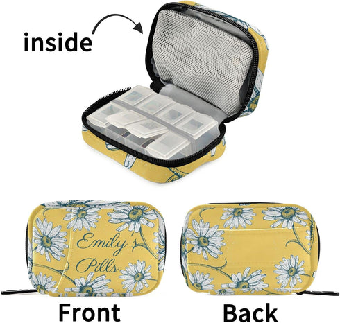 Naanle 7 Custom Pill Box Day Pill Case Bag Daisy Flowers Personalized Name Travel Pill Organizer Bag with Zipper