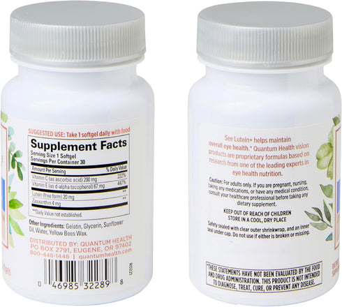 Quantum Health See Lutein+ Eye Care Supplement Helps Support Overall Eye Health As You Age - Lutein 20mg Zeaxanthin Plus Vitamins C & E Daily Nutrition for Women & Men - 30 Softgels