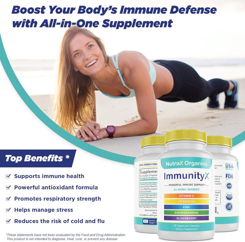All-in-One Organic Immune Support Supplement 60 Vegan Capsules - Elderberry 500mg, Ashwagandha 500mg, Vitamin C and Zinc