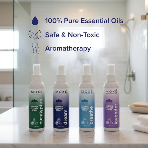 Pack, 100% 4 Pack (8oz) MOXE Aromatherapy Shower Mist Variety Eucalyptus, Lavender, Breathe and Dream, Spa Steam Spray