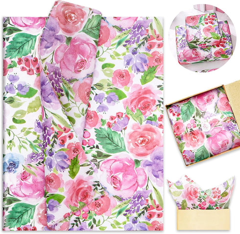 Whaline 100Pcs Floral Tissue Paper, Watercolor Flower Gift Wrapping Paper for Home and Party Gift Wrap